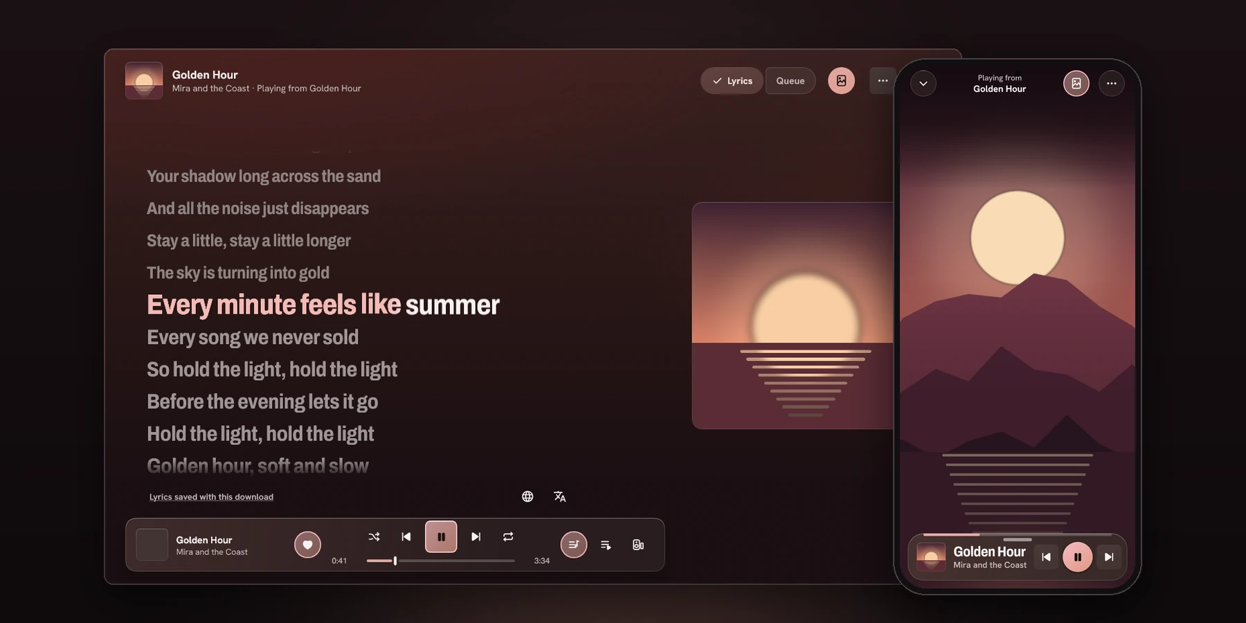 Cosmotune app screens showing synced lyrics on desktop and a song player on a phone